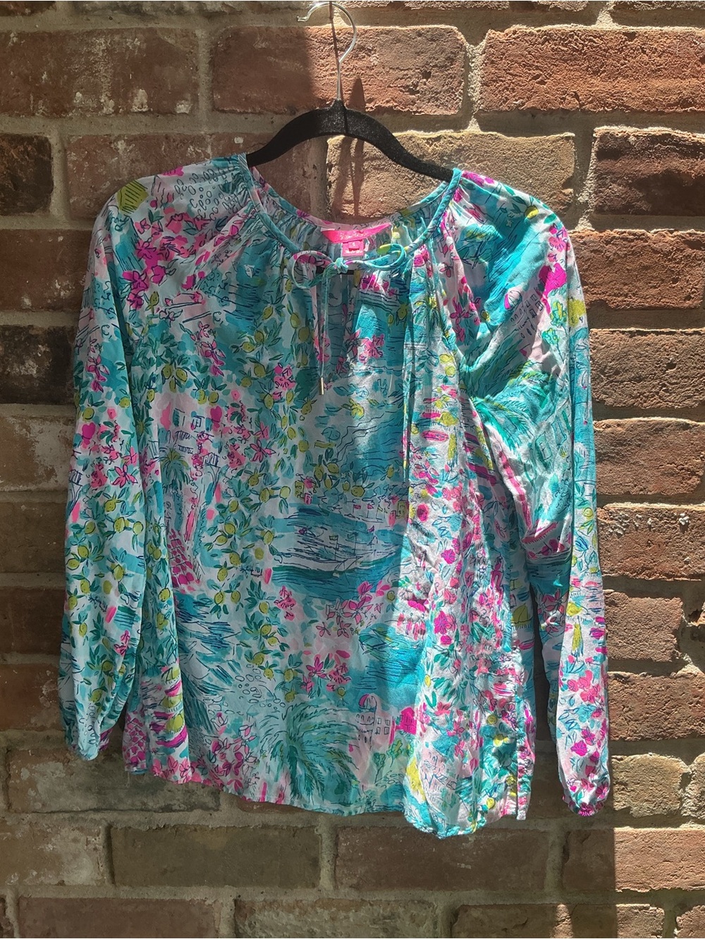 Lilly Pultizer Tie-Neck Long Sleeve Top in Teal and Pink small